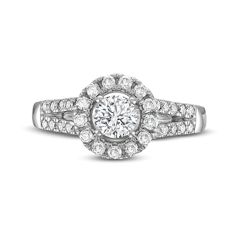 1.0 CT. TW Verlobungsring mit Diamant-Halo, doppelreihig und geteilter Schiene in 14K Weißgold (I/I2)
