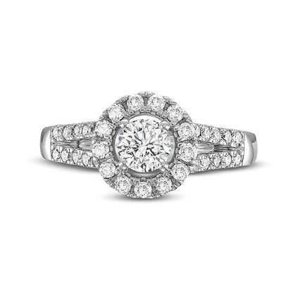 1.0 CT. TW Verlobungsring mit Diamant-Halo, doppelreihig und geteilter Schiene in 14K Weißgold (I/I2)