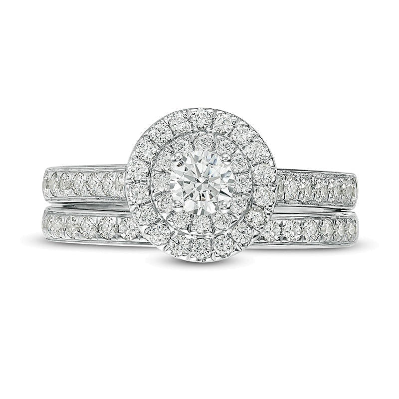 1.0 CT. Gesamtgewicht Diamant-Brautset mit doppeltem Halo in 10K Weißgold