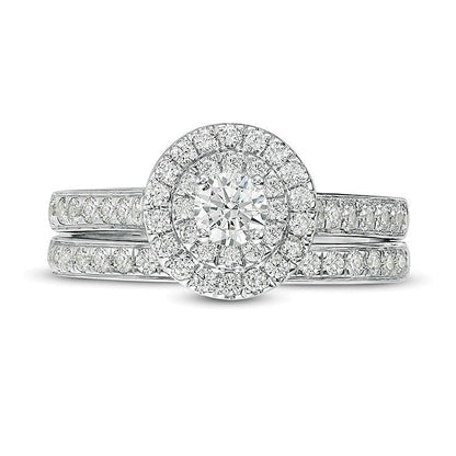 1.0 CT. Gesamtgewicht Diamant-Brautset mit doppeltem Halo in 10K Weißgold