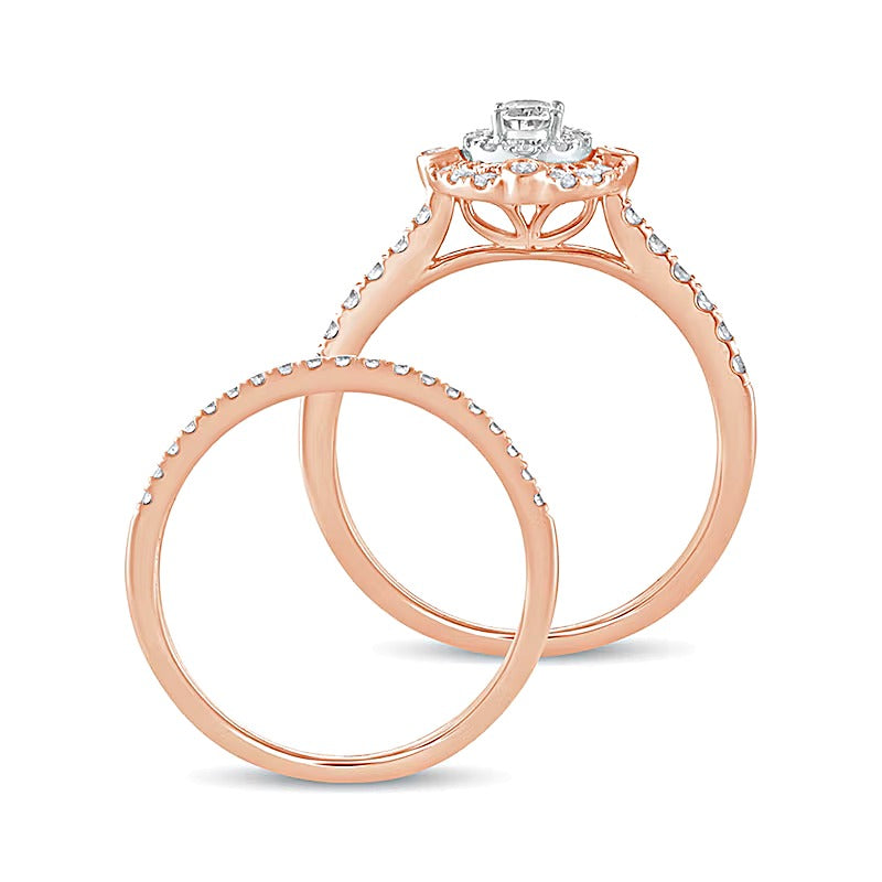 0,63 ct. Gesamtgewicht Braut-Set mit ovalem Diamant und doppeltem Rahmen in 10K Roségold