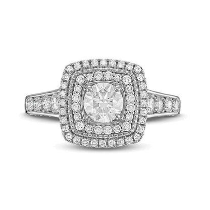 1.25 CT. Gesamtgewicht Diamant Verlobungsring im Kissenschliff mit doppeltem Halo und Krappenfassung in 14K Weißgold (I/I1)