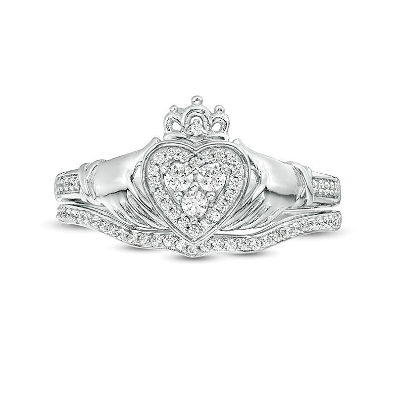 0,25 ct. Gesamtgewicht Komposit-Diamant Claddagh Braut-Set in 10K Weißgold