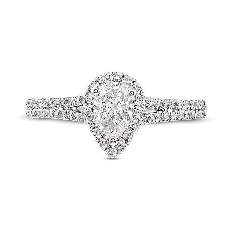 Halo Verlobungsring mit tropfenförmigem und rundem Diamant 1.0 ct. Gesamtgewicht in 14K Weißgold (I/SI2)
