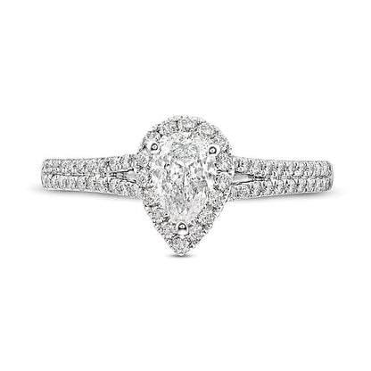 Halo Verlobungsring mit tropfenförmigem und rundem Diamant 1.0 ct. Gesamtgewicht in 14K Weißgold (I/SI2)