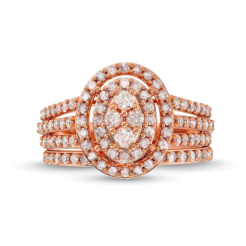 Braut-Set mit Diamanten im ovalen und runden Schliff, dreireihig mit geteiltem Ringschienen-Design in 10K Roségold, 1.0 ct. Gesamtgewicht