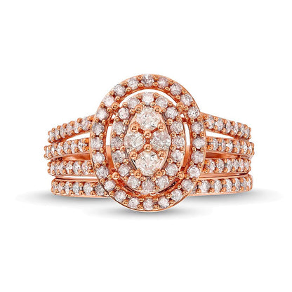 Braut-Set mit Diamanten im ovalen und runden Schliff, dreireihig mit geteiltem Ringschienen-Design in 10K Roségold, 1.0 ct. Gesamtgewicht