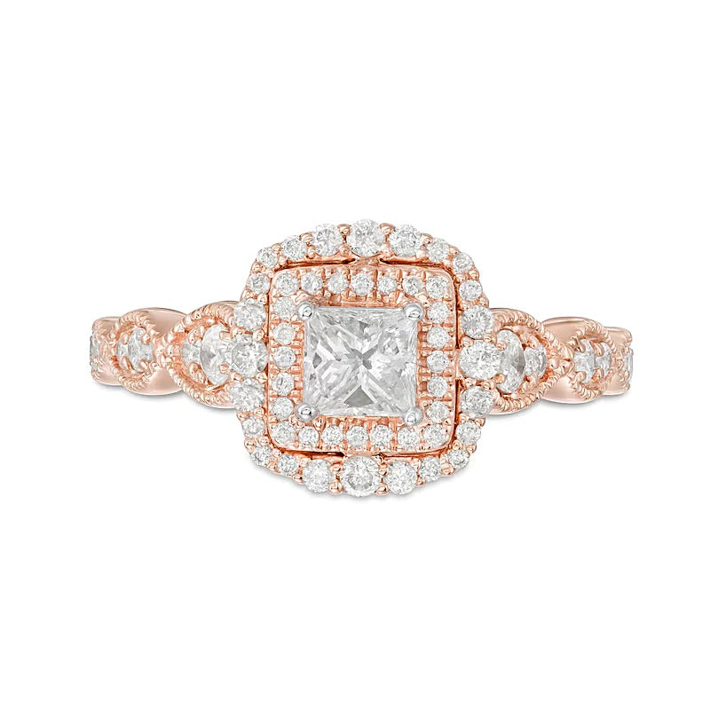 0.88 ct. Gesamtgewicht Verlobungsring Halo mit weißen Diamanten im Princess- und Rundschliff in 10K Roségold