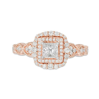 0.88 ct. Gesamtgewicht Verlobungsring Halo mit weißen Diamanten im Princess- und Rundschliff in 10K Roségold