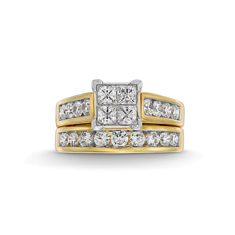 2.0 ct. Gesamtgewicht Brautset mit Diamanten im Princess- und Rundschliff in 14K Gelbgold