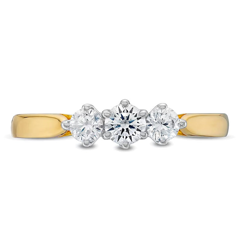 Dreistein-Verlobungsring 0.5 CT. Gesamtgewicht mit runden weißen Diamanten in 10K Gelbgold