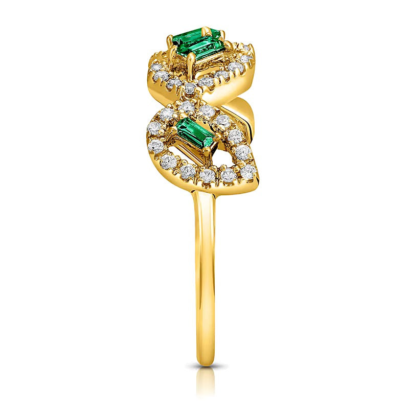 Ring mit Smaragd im Baguette-Schliff und 0,33 ct. Gesamtgewicht Diamanten in rechteckigen und tropfenförmigen Rahmen in 10K Gelbgold