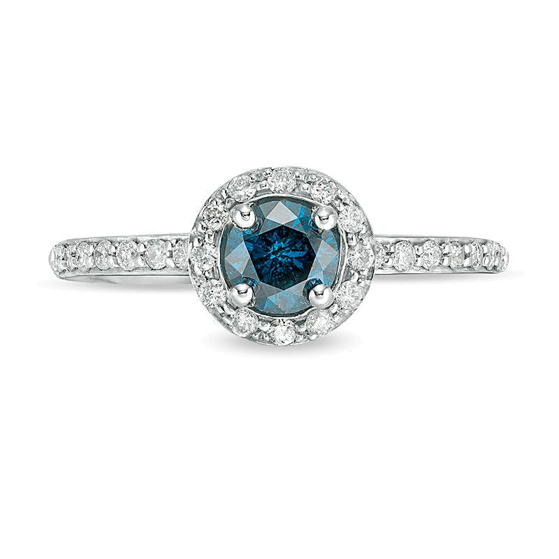 0,75 ct. Gesamtgewicht Verlobungsring mit blauen und weißen Diamanten, Halo, in 14K Weißgold