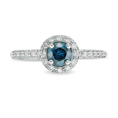 0,75 ct. Gesamtgewicht Verlobungsring mit blauen und weißen Diamanten, Halo, in 14K Weißgold