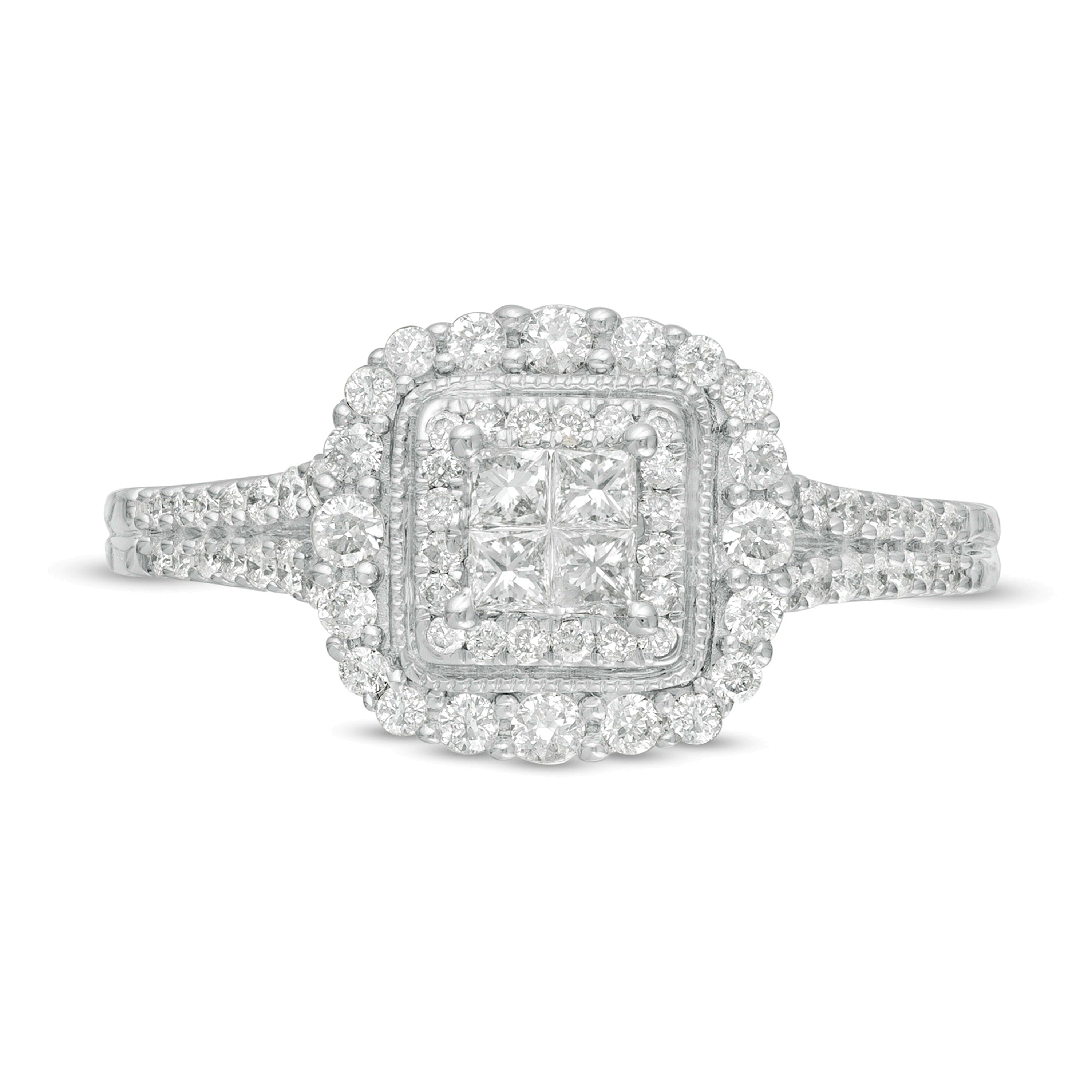 Halo-Verlobungsring im Vintage-Stil mit Diamanten im Princess-, Rund- und Quadratschliff 0.5 ct. Gesamtgewicht in 10K Weißgold