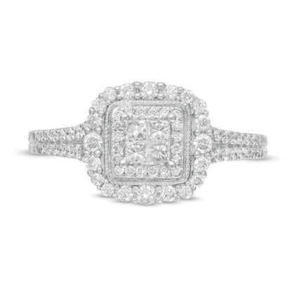 Halo-Verlobungsring im Vintage-Stil mit Diamanten im Princess-, Rund- und Quadratschliff 0.5 ct. Gesamtgewicht in 10K Weißgold