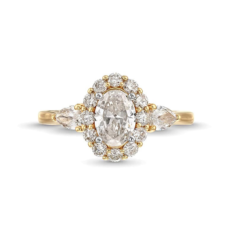1.75 CT. Gesamtgewicht Verlobungsring mit ovalem Diamant, Halo und Blattseiten aus 14K Gelbgold