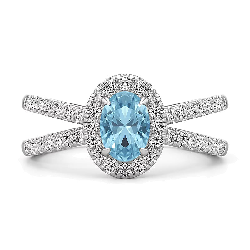 Ring mit ovalem Aquamarin und 0,33 ct. Gesamtgewicht Labordiamanten in 14K Weißgold
