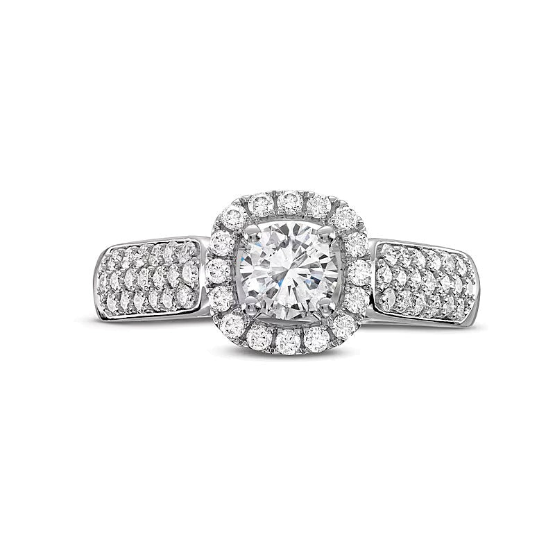 1.0 CT. Gesamtgewicht Diamant Verlobungsring mit Halo im Kissenschliff, dreireihig, in 14K Weißgold (I/I1)