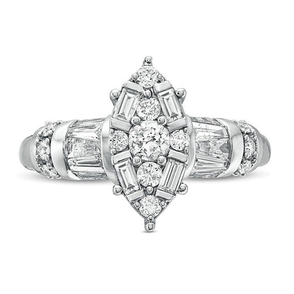 1.0 ct. Gesamtgewicht Multi-Diamant Verlobungsring mit Marquise-, runden und Baguette-Diamanten in 14K Weißgold