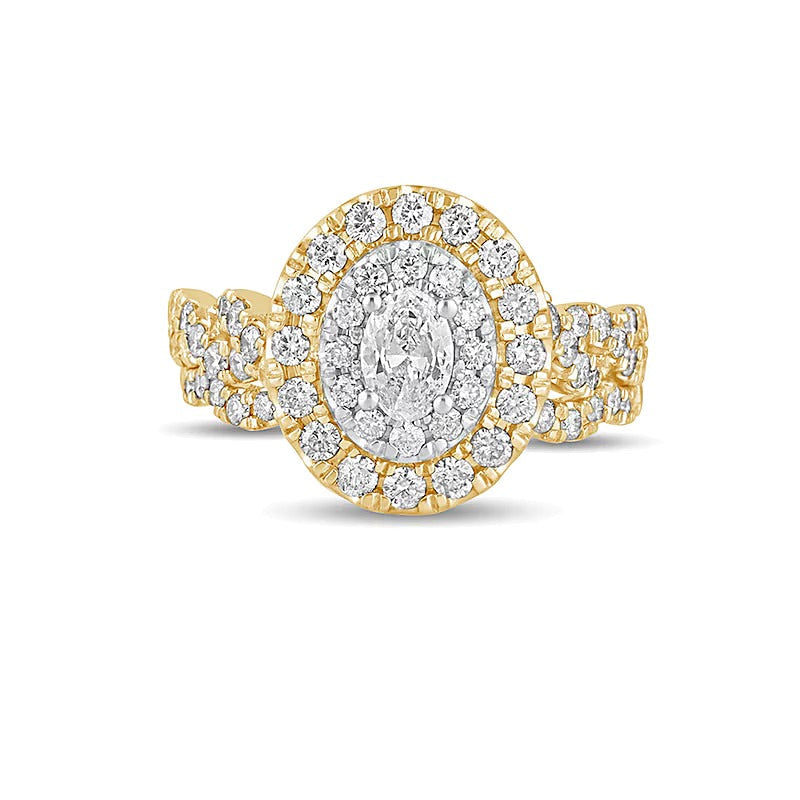 Braut-Set mit ovalem Diamant 1.5 ct. Gesamtgewicht, mehrreihig mit doppeltem Rahmen, in 10K Gelbgold