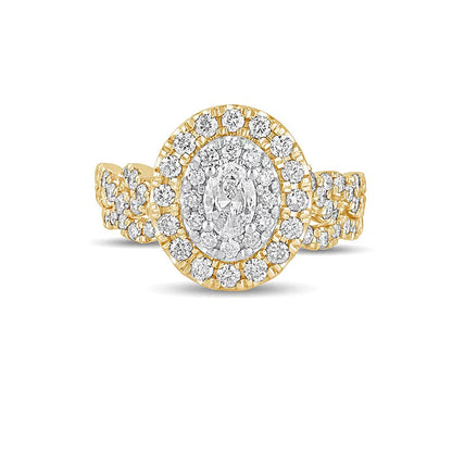 Braut-Set mit ovalem Diamant 1.5 ct. Gesamtgewicht, mehrreihig mit doppeltem Rahmen, in 10K Gelbgold