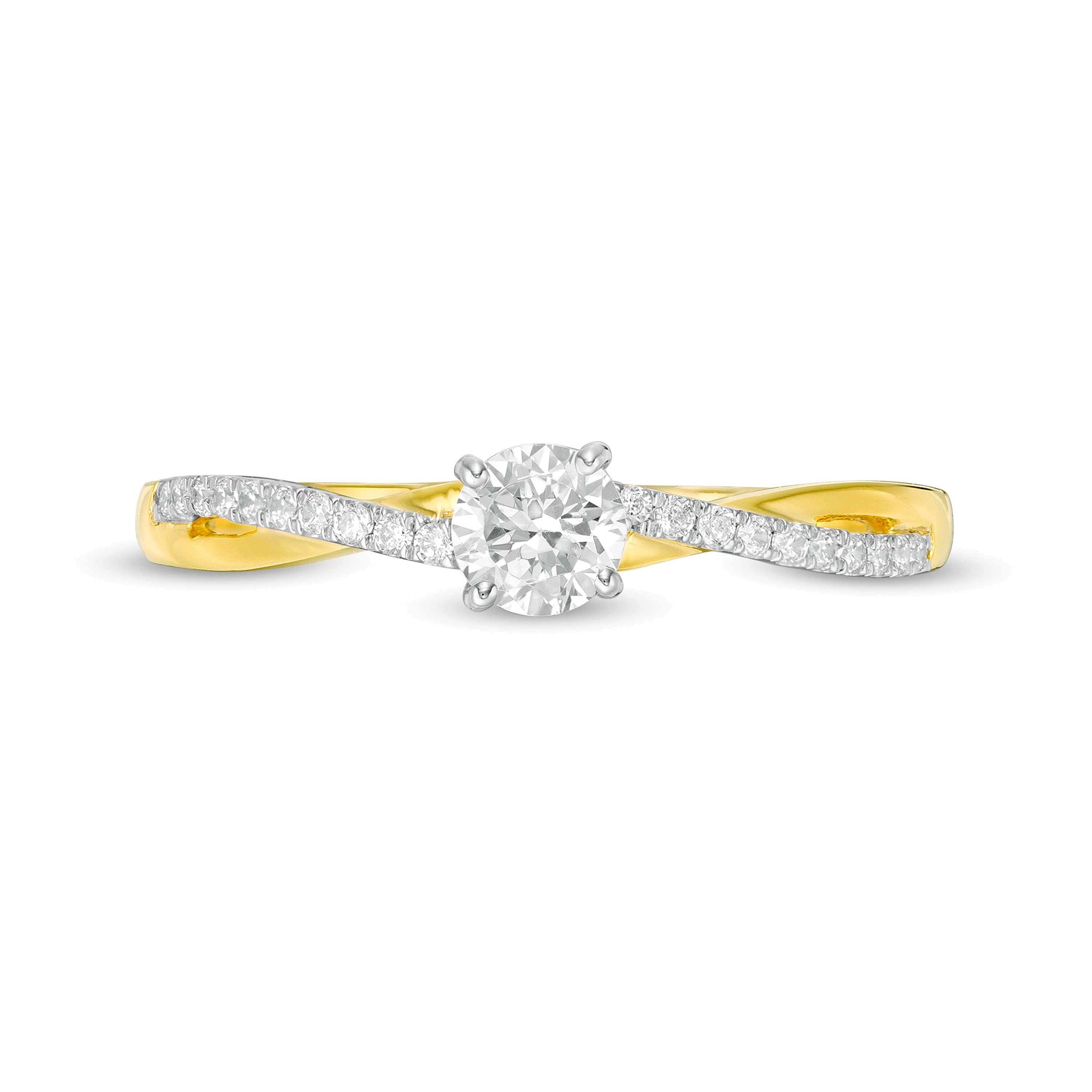 Verlobungsring mit gedrehter Ringschiene 0,33 ct. Gesamtgewicht Diamant, Solitär mit seitlichem Besatz, in 10K Gelbgold