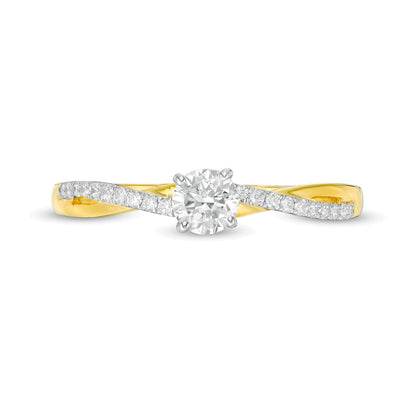 Verlobungsring mit gedrehter Ringschiene 0,33 ct. Gesamtgewicht Diamant, Solitär mit seitlichem Besatz, in 10K Gelbgold