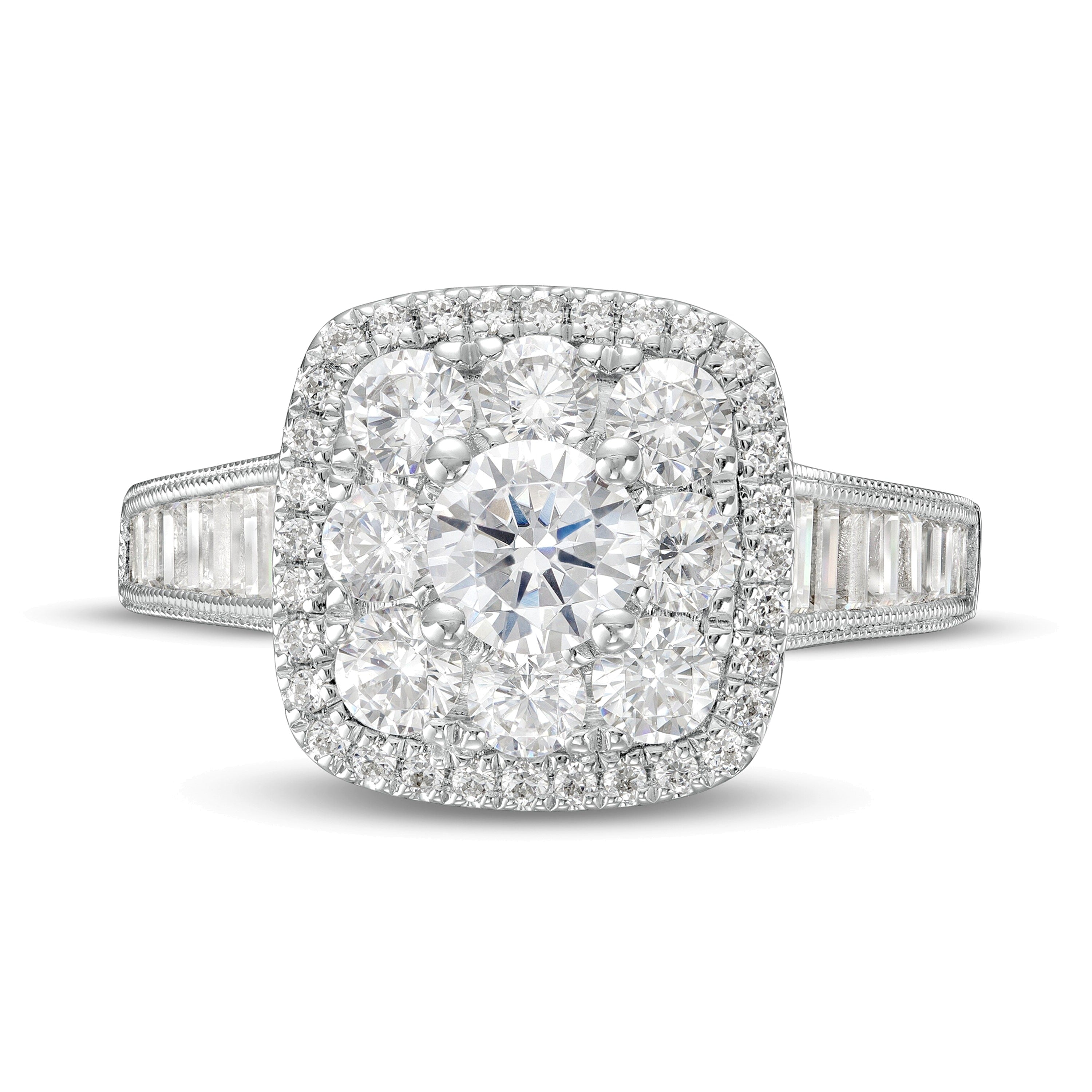 1,75 ct. Gesamtgewicht Diamant Halo-Verlobungsring mit doppeltem Kissenschliff-Rahmen im Vintage-Stil in 14K Weißgold (I/I1)