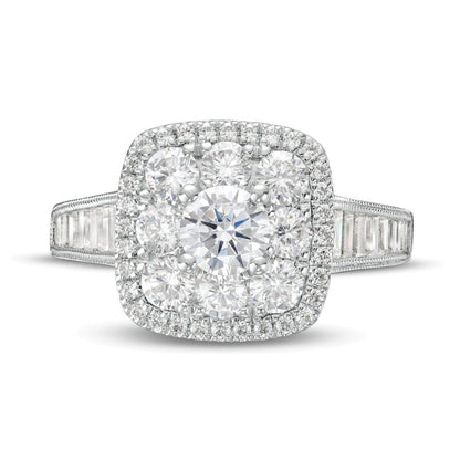 1,75 ct. Gesamtgewicht Diamant Halo-Verlobungsring mit doppeltem Kissenschliff-Rahmen im Vintage-Stil in 14K Weißgold (I/I1)