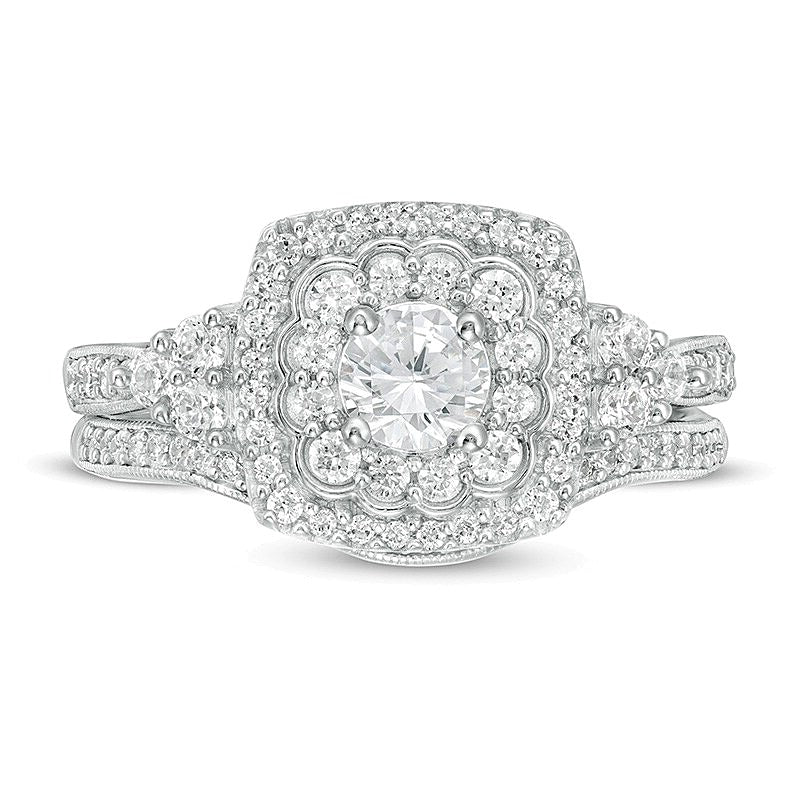 Braut-Set mit Diamanten im Kissenschliff und rund im Vintage-Stil, 1.0 ct. Gesamtgewicht, in 10K Weißgold