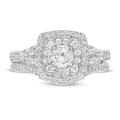 Braut-Set mit Diamanten im Kissenschliff und rund im Vintage-Stil, 1.0 ct. Gesamtgewicht, in 10K Weißgold