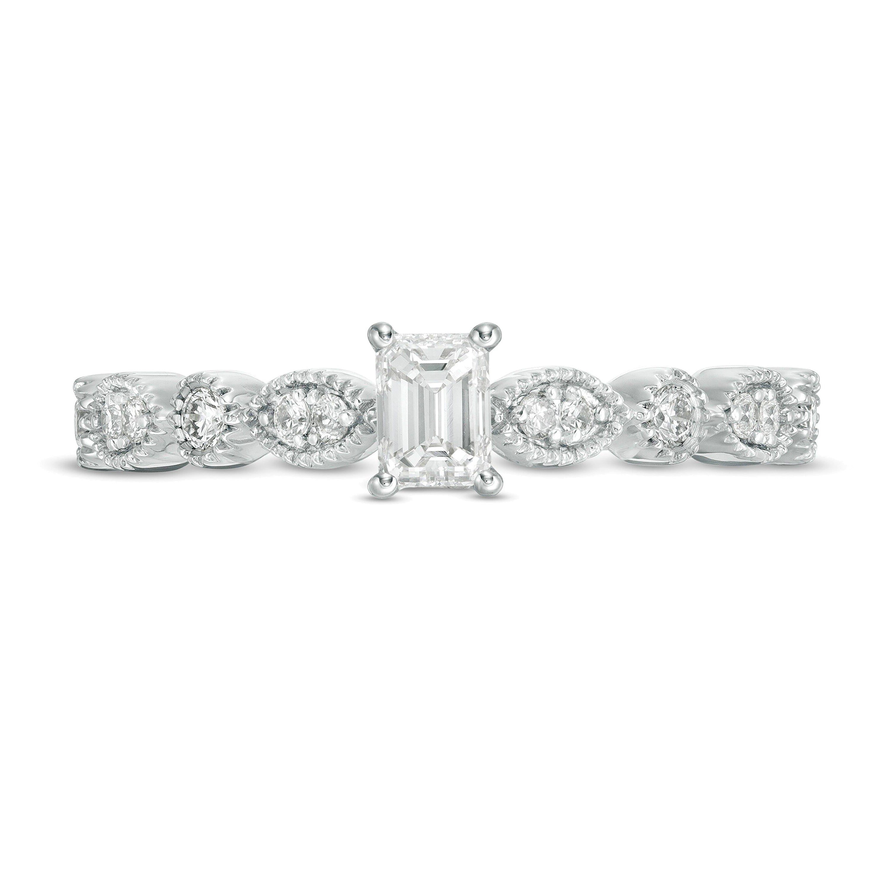 0.5 ct. Gesamtgewicht Diamant im Smaragdschliff mit Marquise-Diamanten Solitär mit seitlichem Besatz im Vintage-Stil in 10K Weißgold