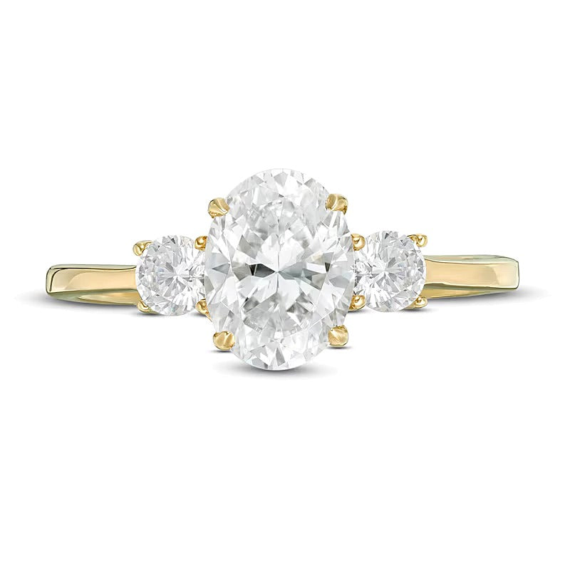 1,25 ct. Gesamtgewicht Dreistein-Verlobungsring mit Diamanten in Oval und rund aus 14K Gelbgold