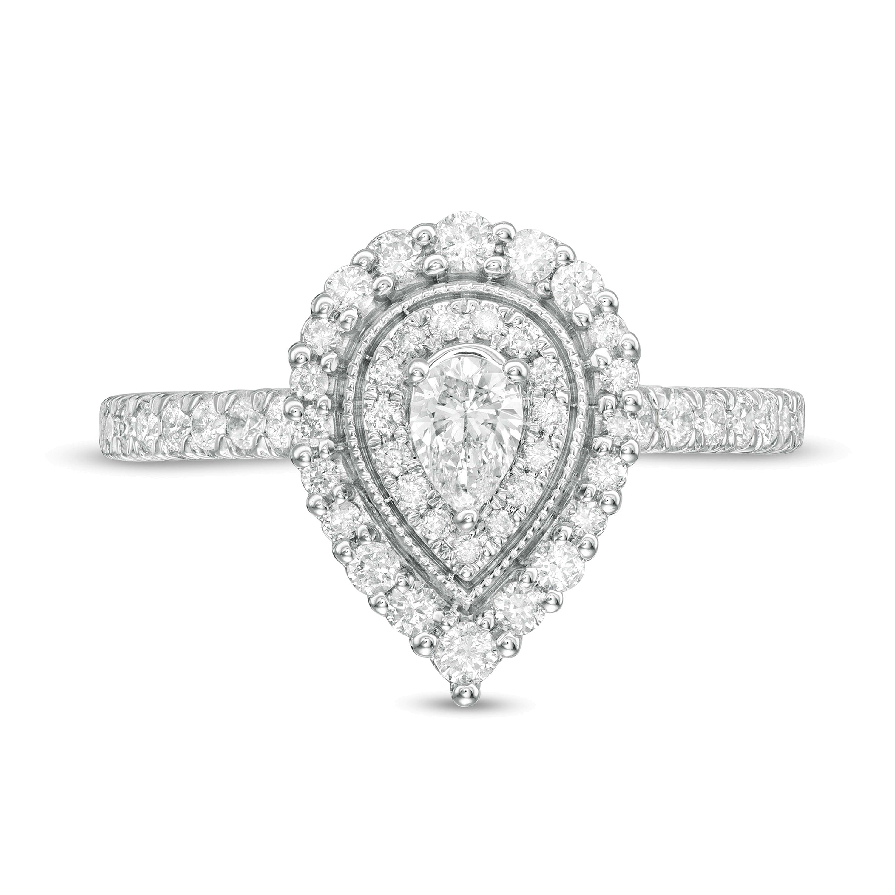 0,63 ct. Gesamtgewicht Verlobungsring im Vintage-Stil mit tropfenförmigem Diamant und doppeltem Halo in 10K Weißgold