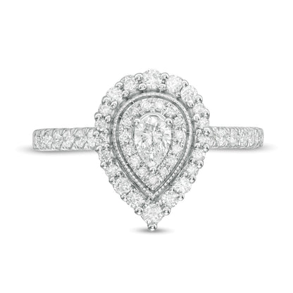 0,63 ct. Gesamtgewicht Verlobungsring im Vintage-Stil mit tropfenförmigem Diamant und doppeltem Halo in 10K Weißgold