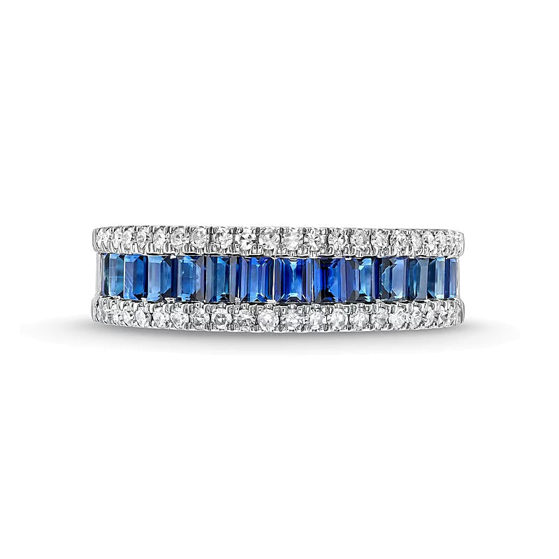 Ring mit blauem Saphir im Baguette-Schliff und Diamanten 0,33 ct. Gesamtgewicht in 14K Weißgold