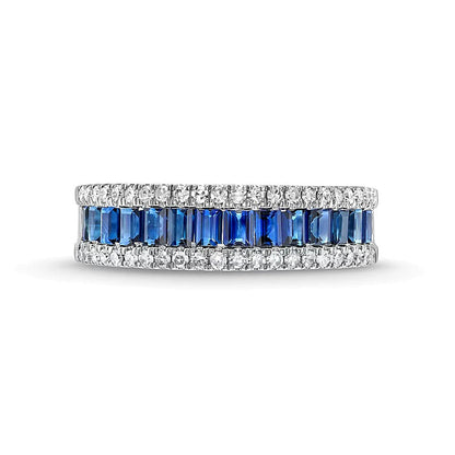 Ring mit blauem Saphir im Baguette-Schliff und Diamanten 0,33 ct. Gesamtgewicht in 14K Weißgold