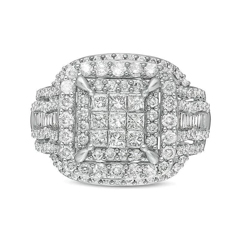 2.0 ct. Gesamtgewicht Verlobungsring mit Diamanten im Princess-, Baguette- und Kissenschliff, mehrreihig, in 10K Weißgold