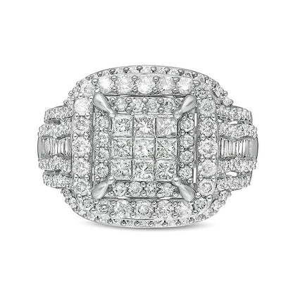 2.0 ct. Gesamtgewicht Verlobungsring mit Diamanten im Princess-, Baguette- und Kissenschliff, mehrreihig, in 10K Weißgold