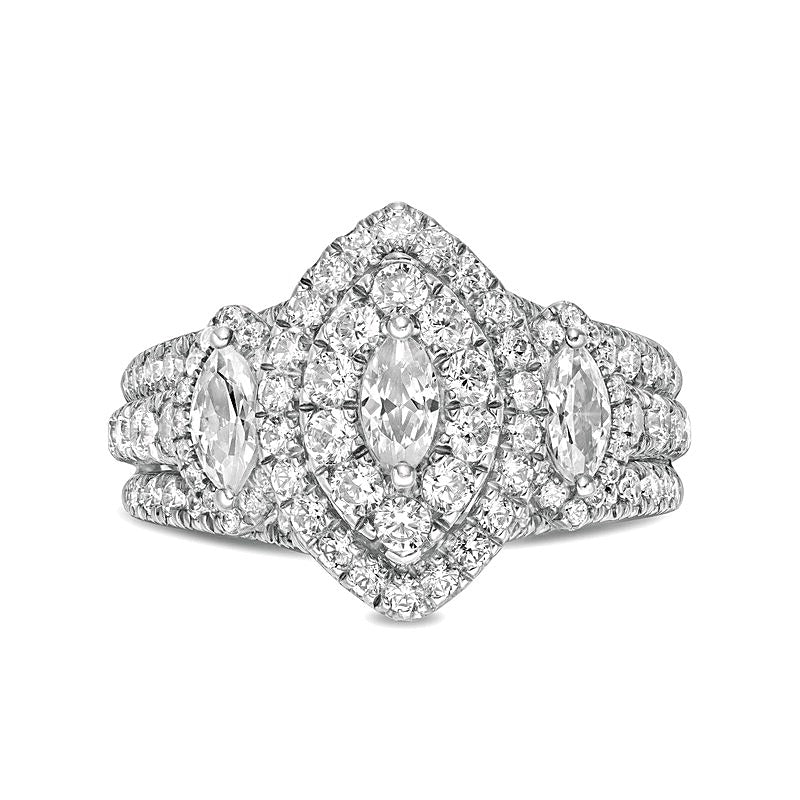 2.0 ct. Gesamtgewicht Dreistein-Verlobungsring mit Diamanten im Marquise- und Rundschliff in 14K Weißgold