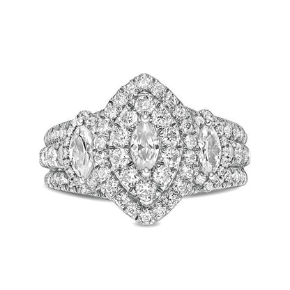 2.0 ct. Gesamtgewicht Dreistein-Verlobungsring mit Diamanten im Marquise- und Rundschliff in 14K Weißgold