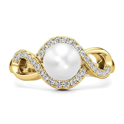 7,0 mm Süßwasser-Zuchtperle und 0,25 ct. Gesamtgewicht Labordiamant Fashion-Ring mit gewundenem Rahmen in 14K Gelbgold