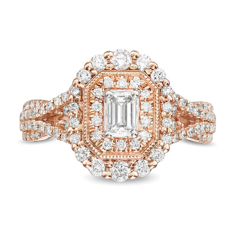 1.0 CT. TW Halo-Verlobungsring im Vintage-Stil mit Diamant im Smaragdschliff und doppeltem achteckigem Rahmen sowie geteilter Schiene aus 14K Roségold