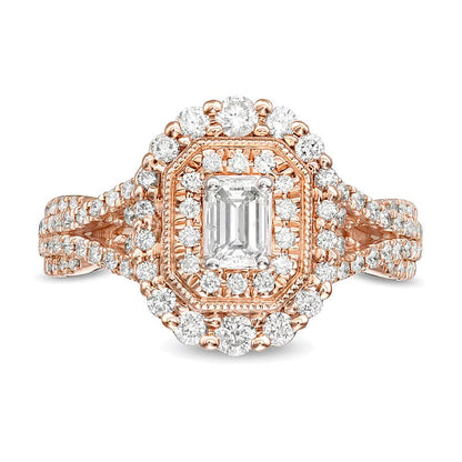 1.0 CT. TW Halo-Verlobungsring im Vintage-Stil mit Diamant im Smaragdschliff und doppeltem achteckigem Rahmen sowie geteilter Schiene aus 14K Roségold
