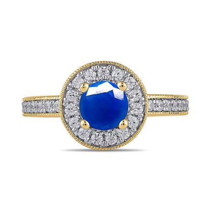 6,0 mm blauer Saphir und Labordiamant 0,38 ct. Gesamtgewicht Halo-Ring im Vintage-Stil in 14K Gelbgold