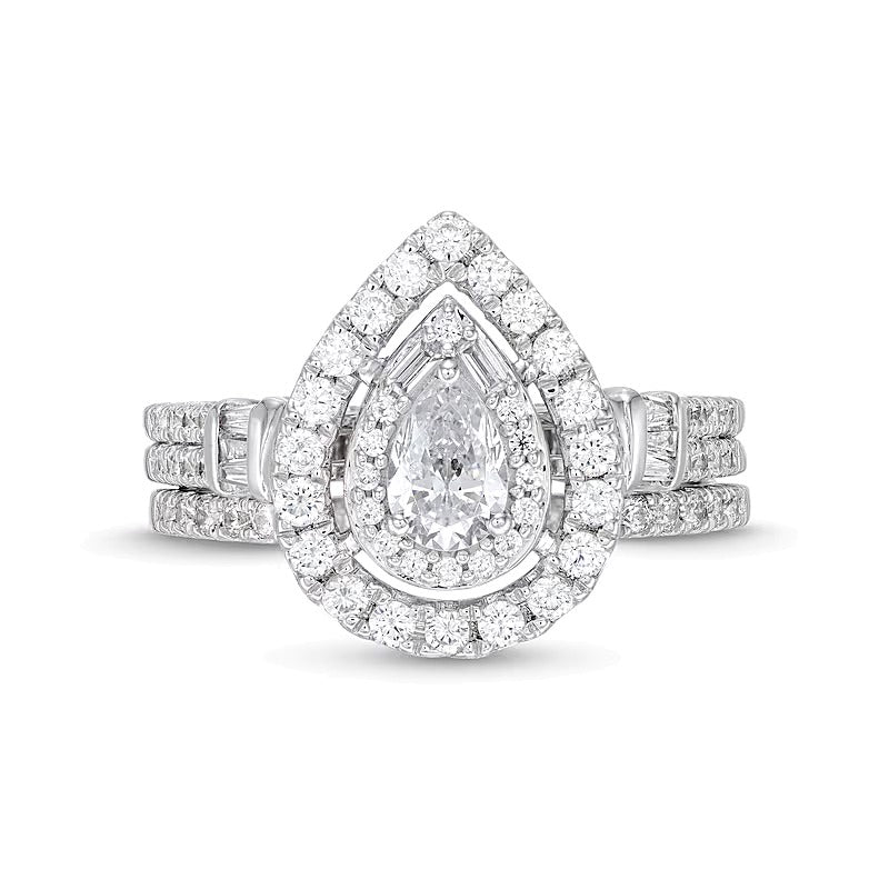Braut-Set mit Diamanten im Tropfen- und Rundschliff, zweireihig, 1.0 ct. Gesamtgewicht, in 10K Weißgold