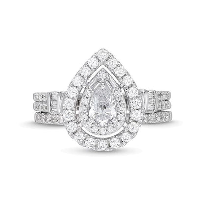 Braut-Set mit Diamanten im Tropfen- und Rundschliff, zweireihig, 1.0 ct. Gesamtgewicht, in 10K Weißgold
