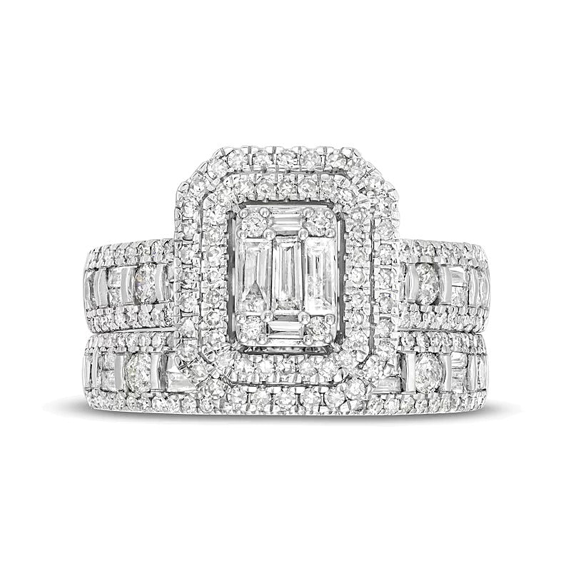Braut-Set mit weißen Diamanten im Baguette-, Smaragdschliff- und Rundschliff, 1.5 ct. Gesamtgewicht, in 14K Weißgold