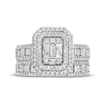 Braut-Set mit weißen Diamanten im Baguette-, Smaragdschliff- und Rundschliff, 1.5 ct. Gesamtgewicht, in 14K Weißgold